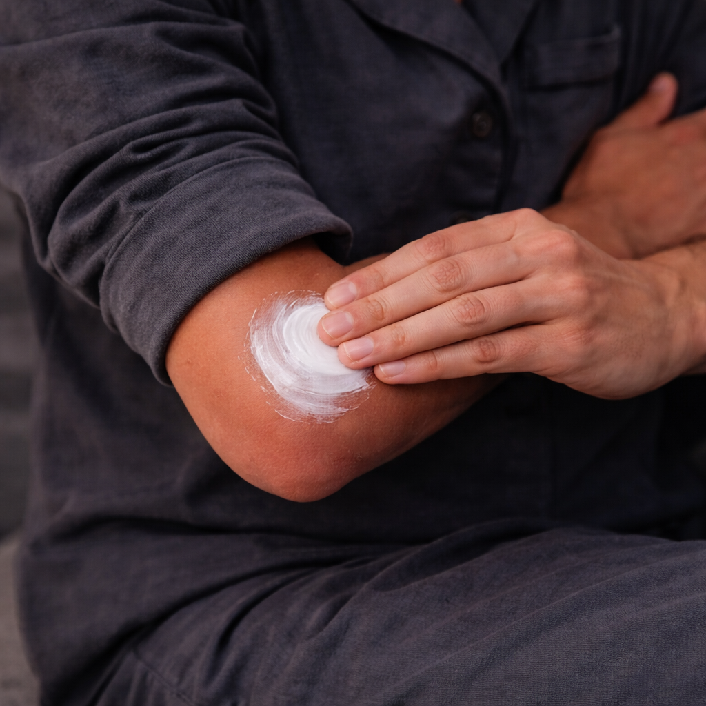 Pain relief and recovery rub applied to elbow